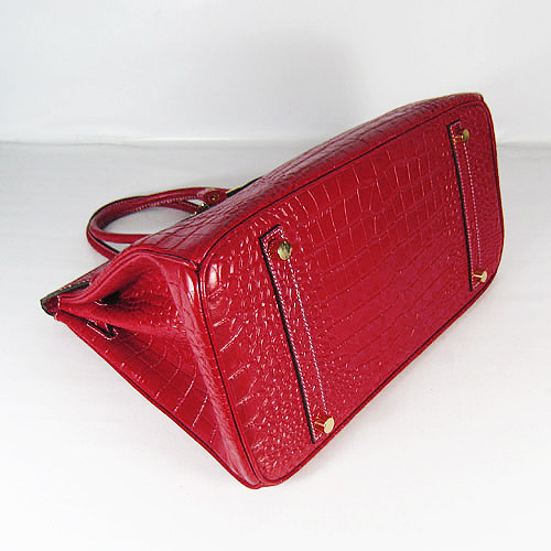 High Quality Fake Hermes Silver Lockpin Birkin 35cm Crocodile Veins Bag Red 6089